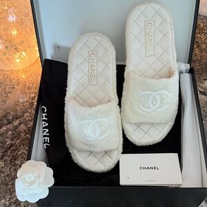 CHANEL Interlocking CC Logo Lambskin Leather and Terry Cloth Mules